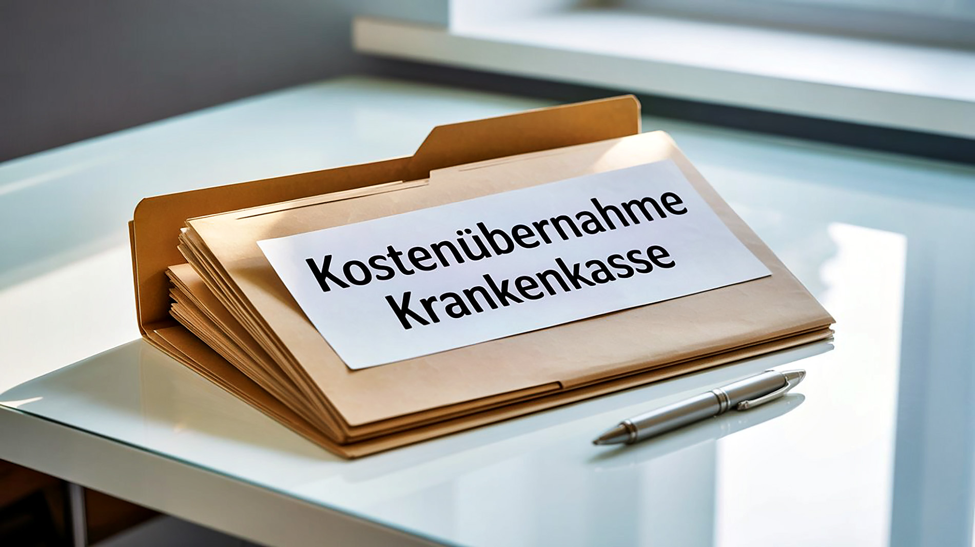 Ordner mit der Aufschrift Kostenübernahme Krankenkasse auf einem hellen Tisch