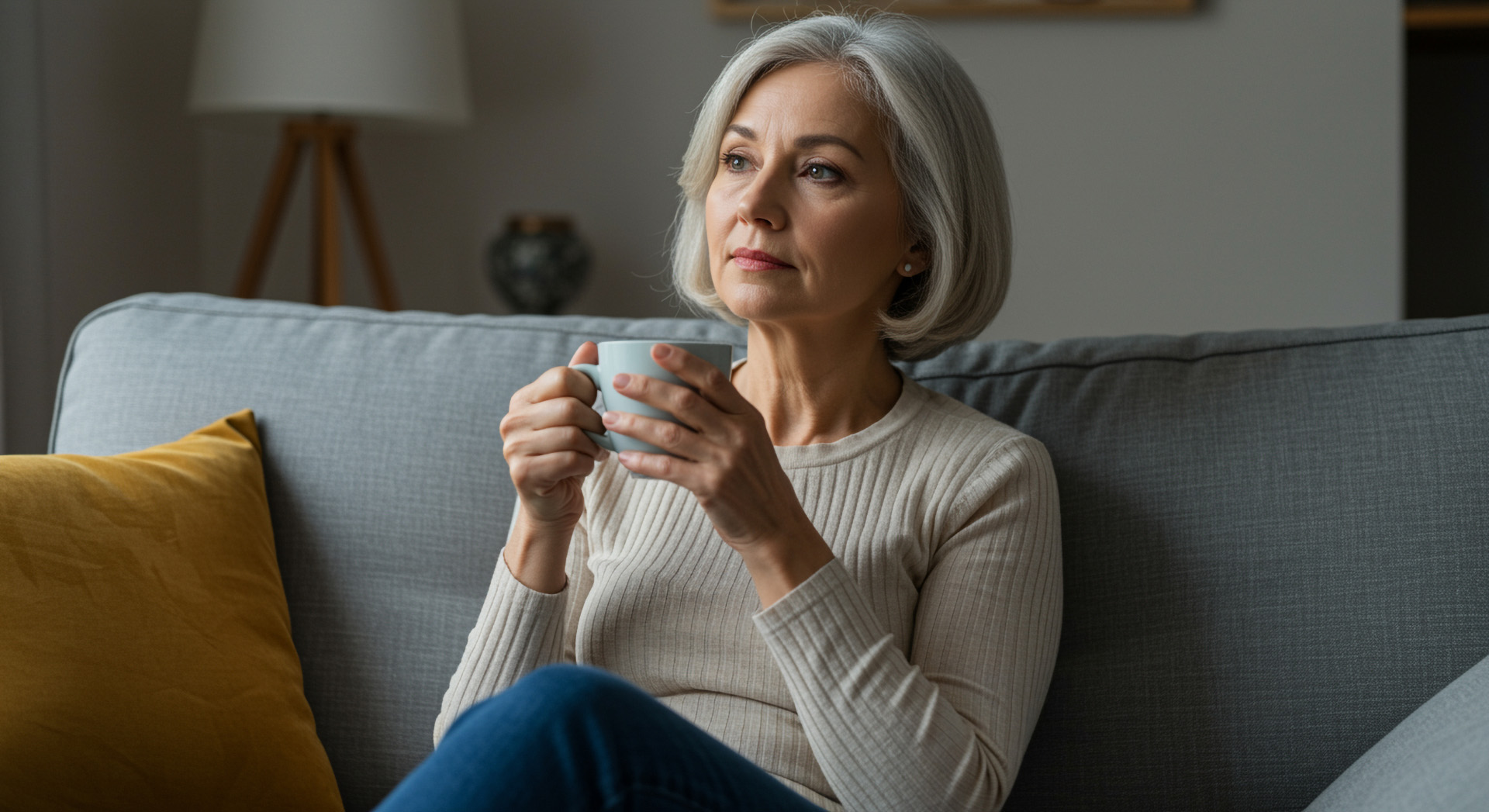 Nachdenkliche Frau mittleren Alters auf Sofa mit Teetasse